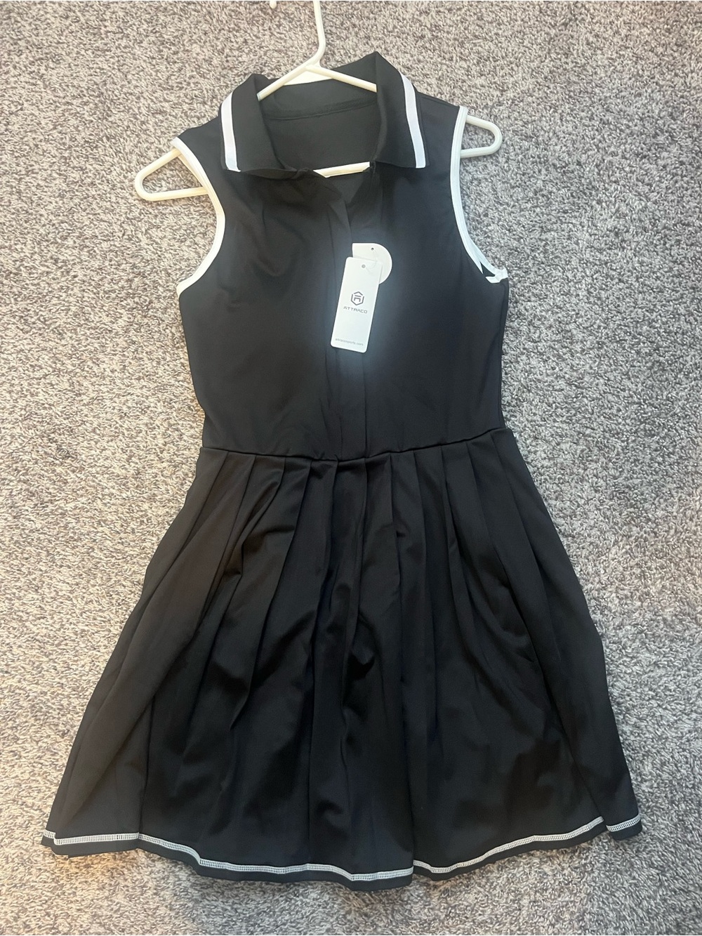 Black Sleeveless Pleated Tennis Dress with White Trim